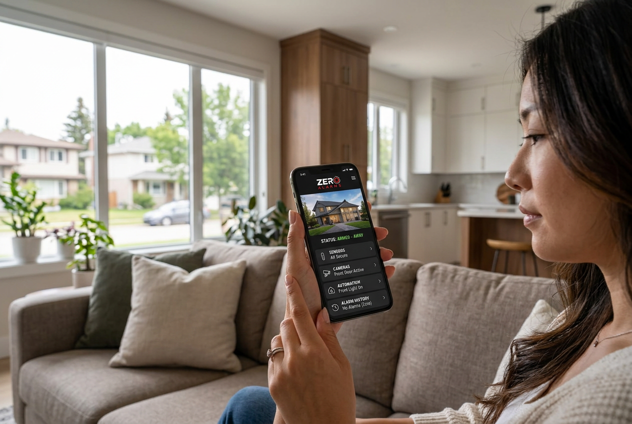 Illustrative homeowner holding a concept security dashboard, not an actual app screenshot